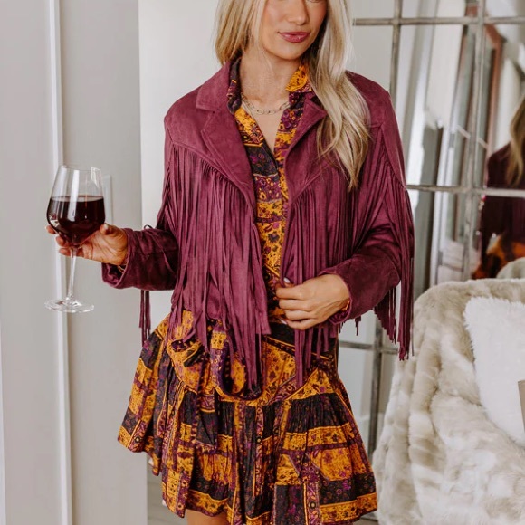 Sweaters - Fringed Burgundy Jacket boho tassel